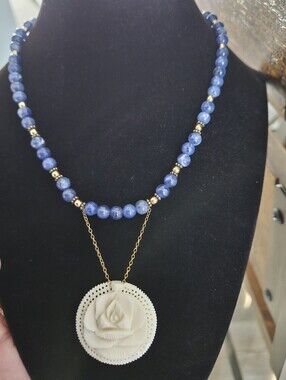 Vintage Statement Necklace with Carved Floral Pendant & Vibrant Blue Gemstone
